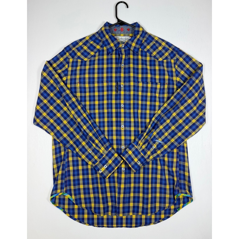 Robert Graham Jeans Men's Large Blue Yellow Plaid 100% Cotton Button Up